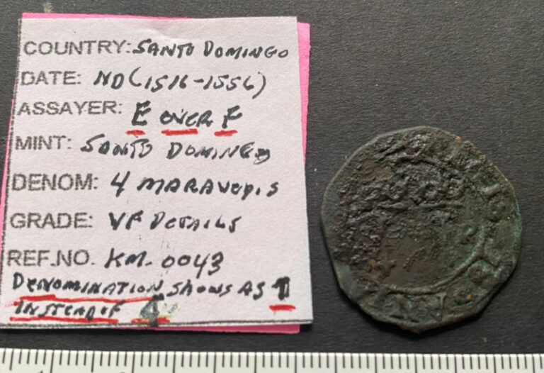 Read more about the article DOMINICAN REPUBLIC  ca1516-1556  4 MARAVEDIS  Assayer E over F  Santo Domingo