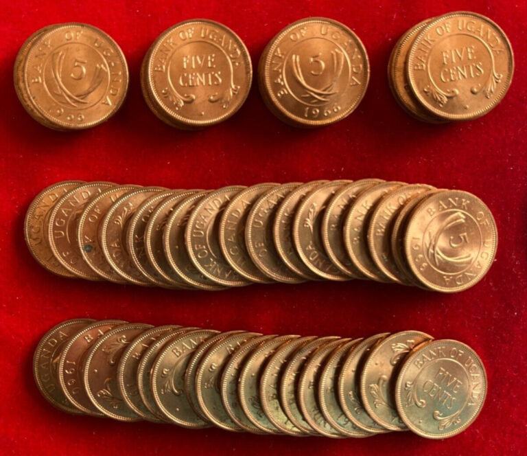 Read more about the article J97′ Uganda; 50 Coins from Mint Bag – Bronze 5 Cents 1966  KM#1    Red UNC