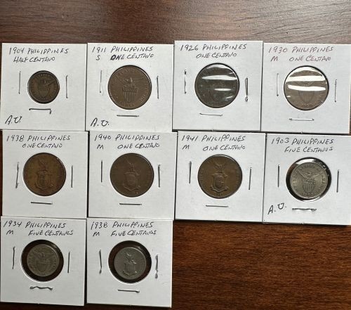 Read more about the article 1903-1941 (10) Coin Philippines Centavo Lot  1/2-1-5 Centavo Mix  Nice Lot