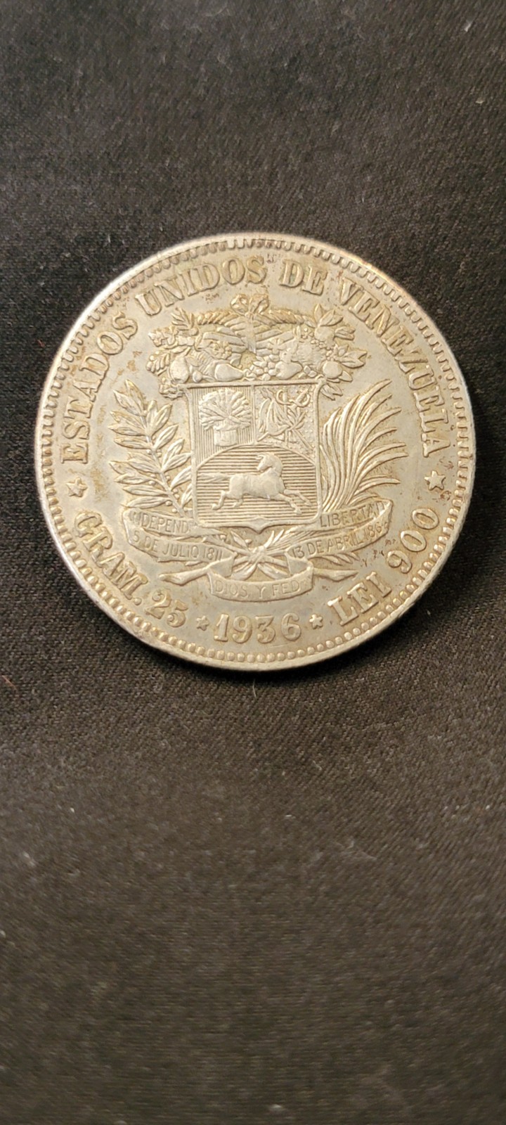 Read more about the article 1936 Venezuela 5 Bolivares 0.9000 Silver ASW 0.7234 Exact Coin Imaged
