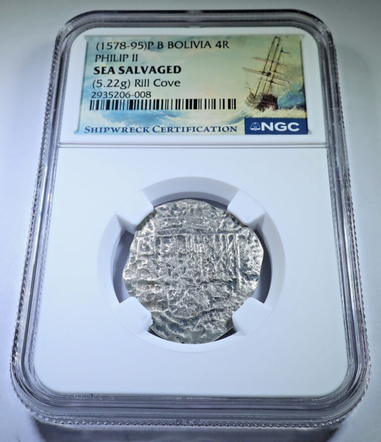 Read more about the article NGC Rill Cove Shipwreck 1578-1595 Spanish Bolivia 4 Reales 1500s Pirate Cob Coin