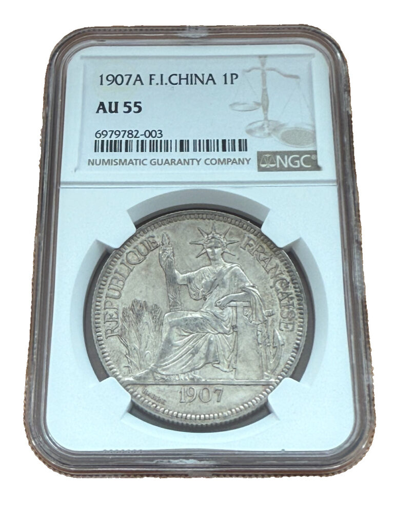 Read more about the article French Indo-China Vietnam 1907 A Silver  1 Piastre NGC AU55