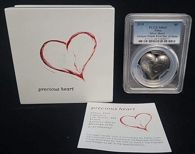 Read more about the article 2018 Palau Silver Heart PCGS MS69 w/ OGP | Antiqued Finish First Day Issue FDOI