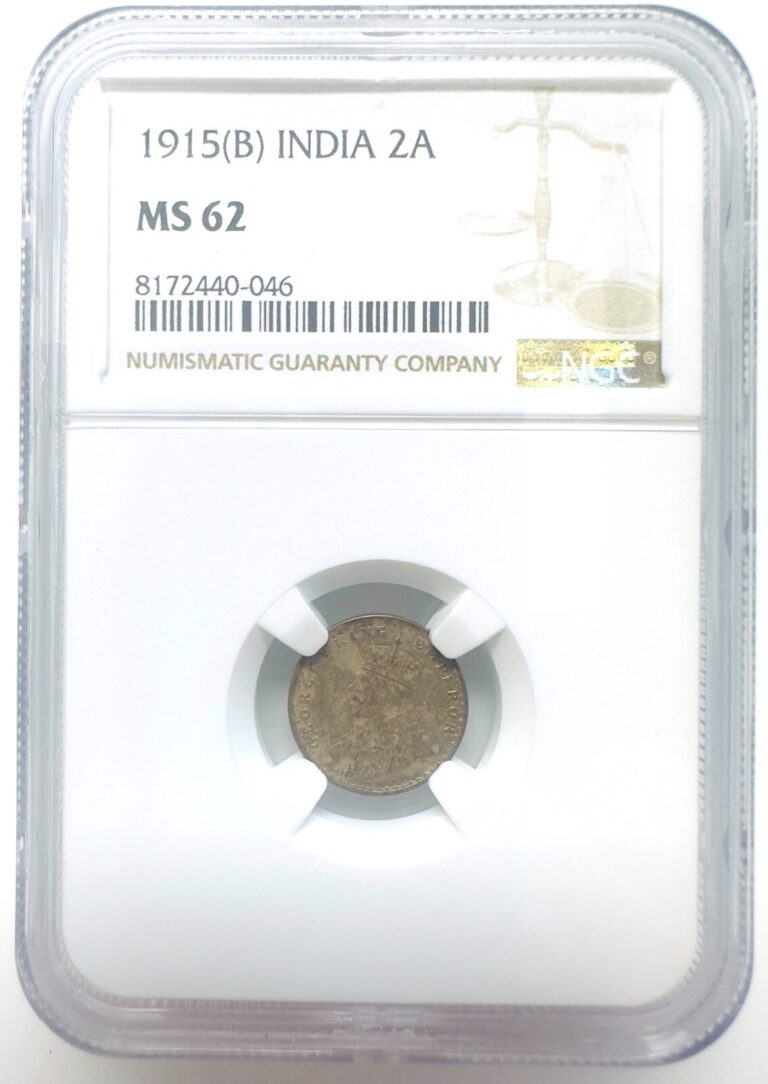 Read more about the article 1915(B) India British Silver 2 Annas-George V Type II NGC MS62-Silver (.917)