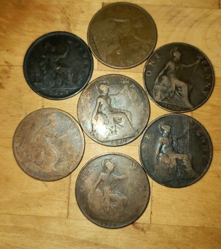 Read more about the article Great Britain Large Pennies  Britannia Large Penny Lot  7 United Kingdom Coins