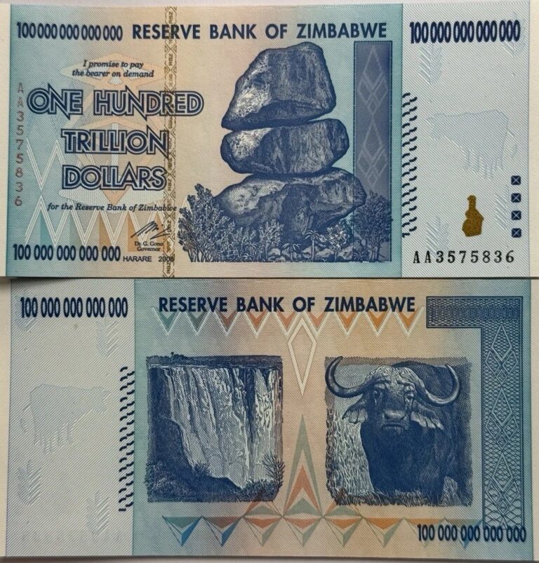 Read more about the article 100% ORIGINAL ZIMBABWE 100 TRILLION DOLLARS 2008 AA SERIES P91 UNC micro print