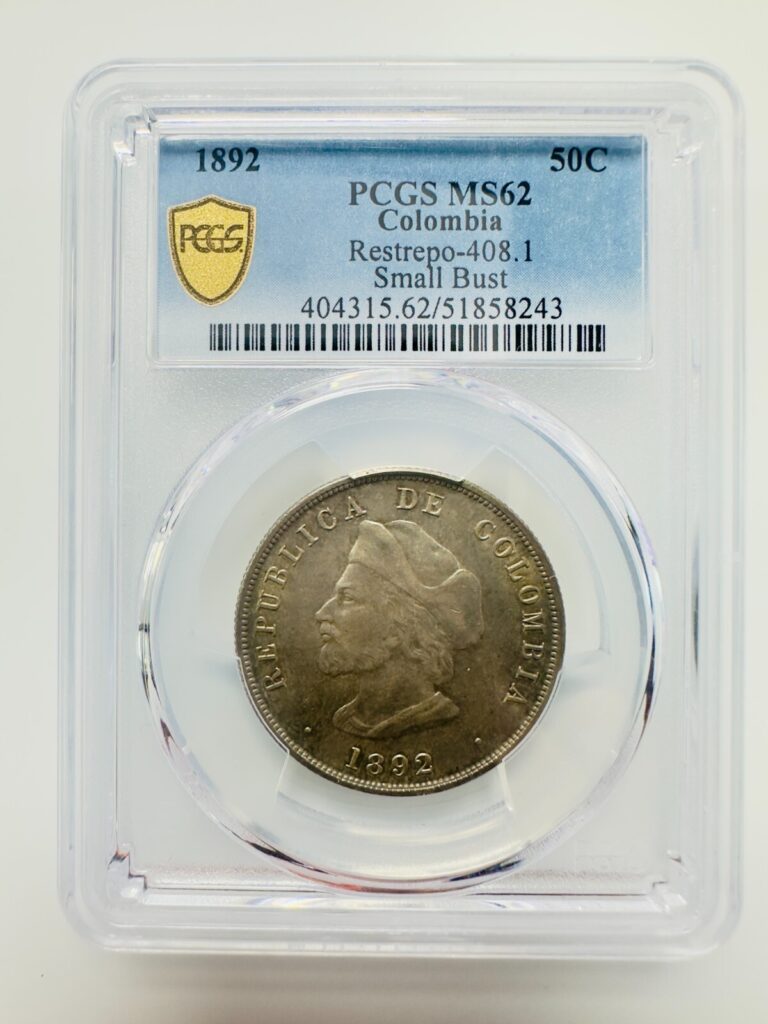Read more about the article Colombia 50 centavos 1892 Restrepo-408.1 Small Bust PCGS MS62 Silver (.835)