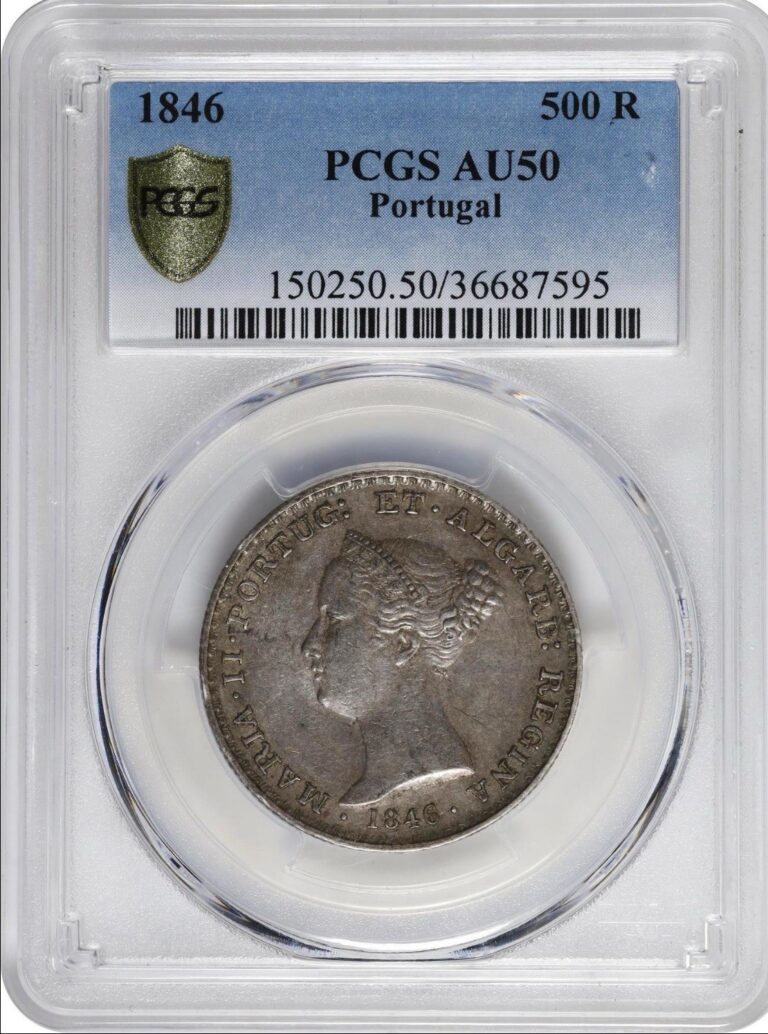 Read more about the article 1846 Portugal 500 Reis Maria II Silver Coin PCGS AU50 Scarce Low Pop