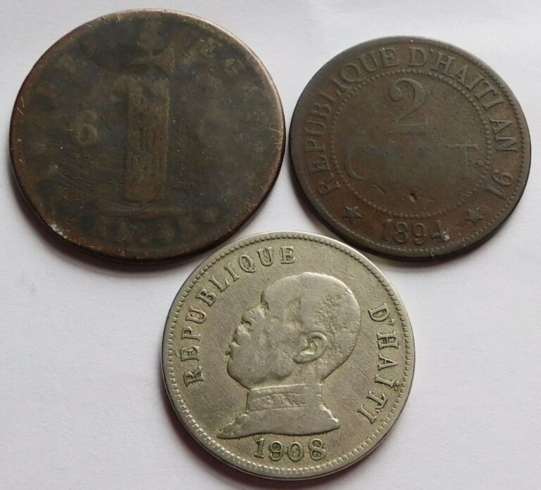 Read more about the article Lot of 3 Haiti coins  AN43 (1846) 6 Centimes + 1894 2 Centimes + 1908 50 Cent