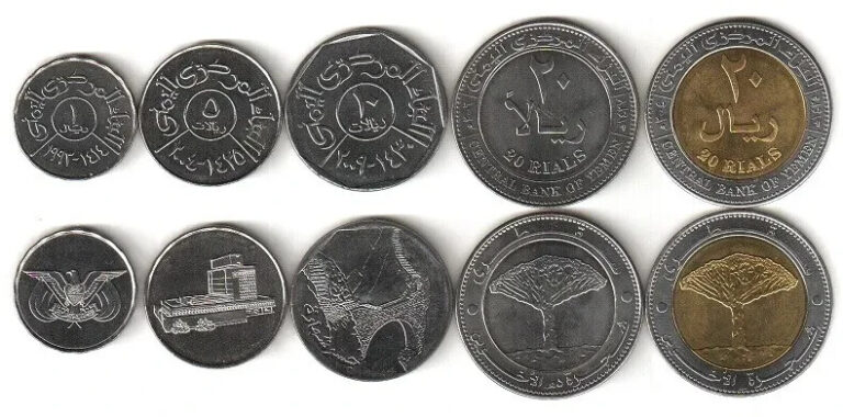 Read more about the article Yemen UNC  COIN 5 Pcs Set  1 5 10 20 20 Rials 1993 – 2009  BIMETAL