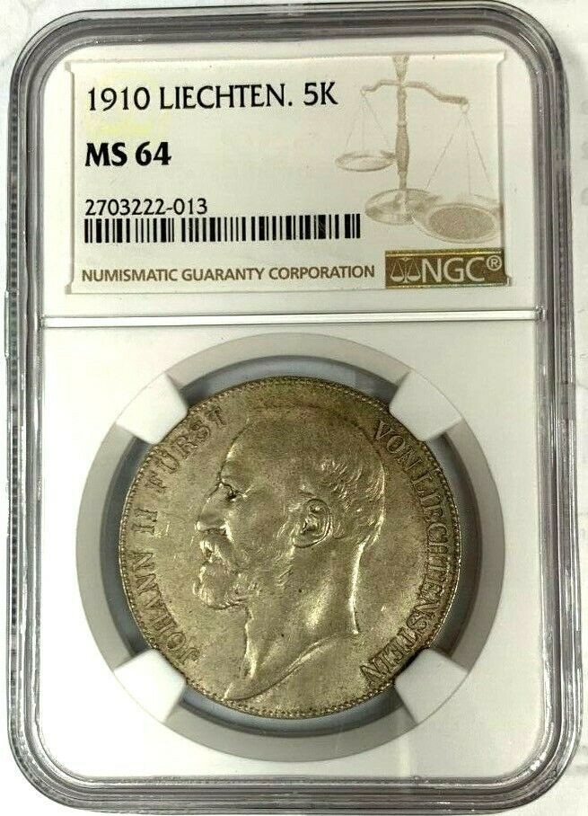Read more about the article 1910 Liechtenstein 5 Kronen Silver Coin John Johann II NGC MS64 Low Mintage