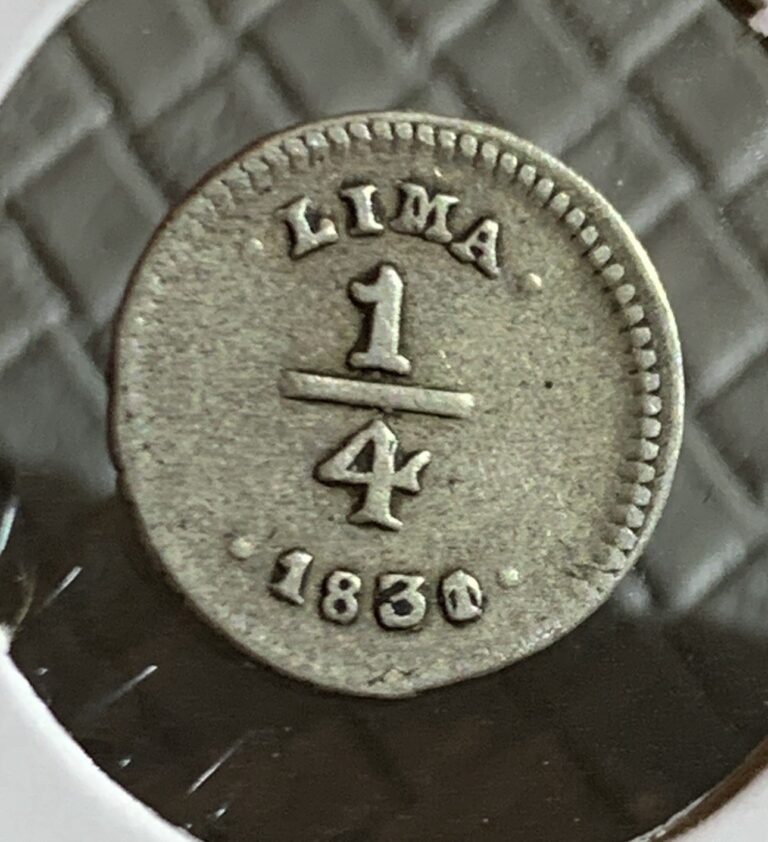 Read more about the article 1831 OVER DATE 1830  PERU 1/4 REAL SILVER COIN  XF