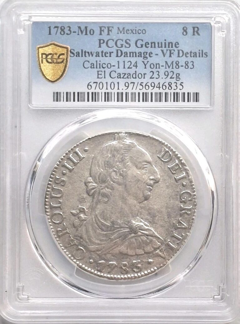 Read more about the article 1783 EL Cazador Shipwreck 8 Reales Coin  VF In PCGS Slab.
