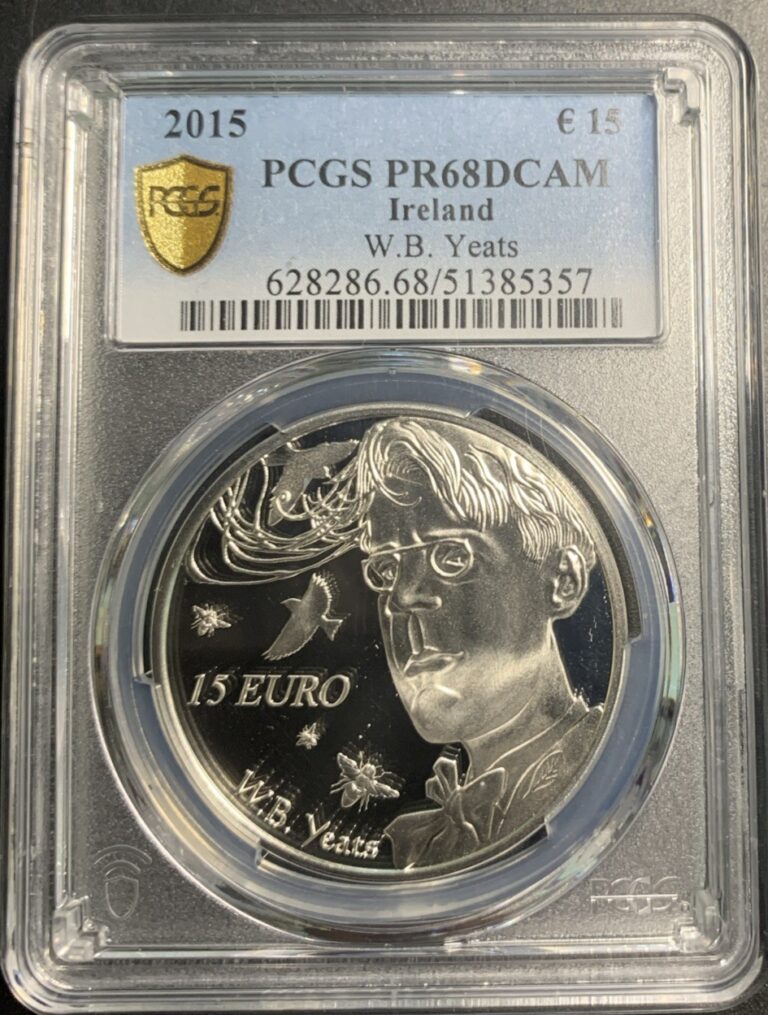 Read more about the article Ireland 2015 15 Euro/ W. B. Yeats/ Km86 / PCGS PR68DCAM / Gorgeous Silver Proof!