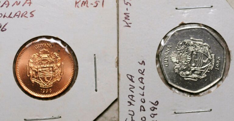 Read more about the article 1996 GUYANA LOT OF TWO COINS $5 + $10 DOLLARS (BRILLIANT UNC!)