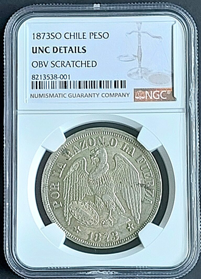 Read more about the article 1873SO Chile Peso  NGC Unc. details    nice silver  coin         # 1973  #64-04