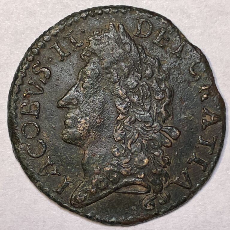 Read more about the article 1689 6 Pence James II Gun Money Large Coinage Ireland AU Coin  Corrosion #20715