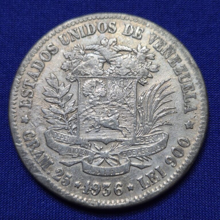 Read more about the article 1936 Venezuela Silver 5 Bolivares. VF. – 1332