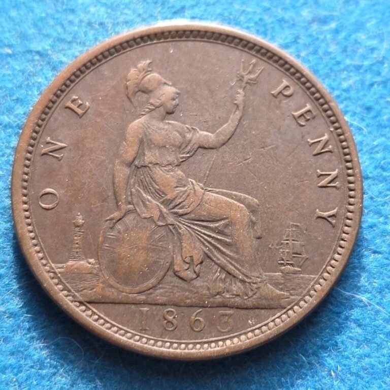 Read more about the article GREAT BRITAIN PENNY – 1863  Nice Coin!! Queen Victoria Young Head Bun  (T)- S