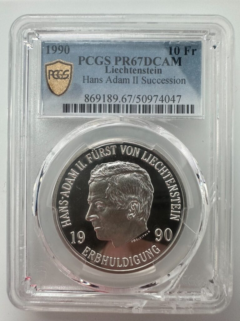Read more about the article Liechtenstein 10 Franken 1990 Hans Adam II  PCGS PR67DCAM plastic has cracks