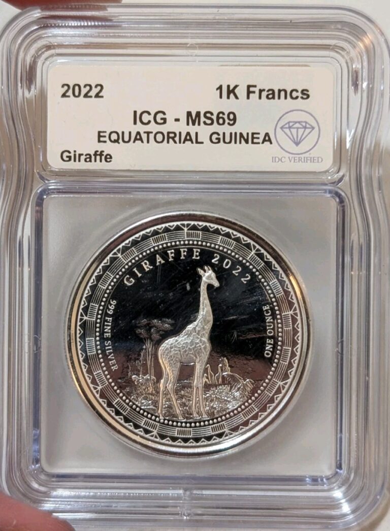 Read more about the article 2022 Equatorial Guinea 1000 Francs 1 Troy Oz Silver Giraffe Proof-Like ICG MS69
