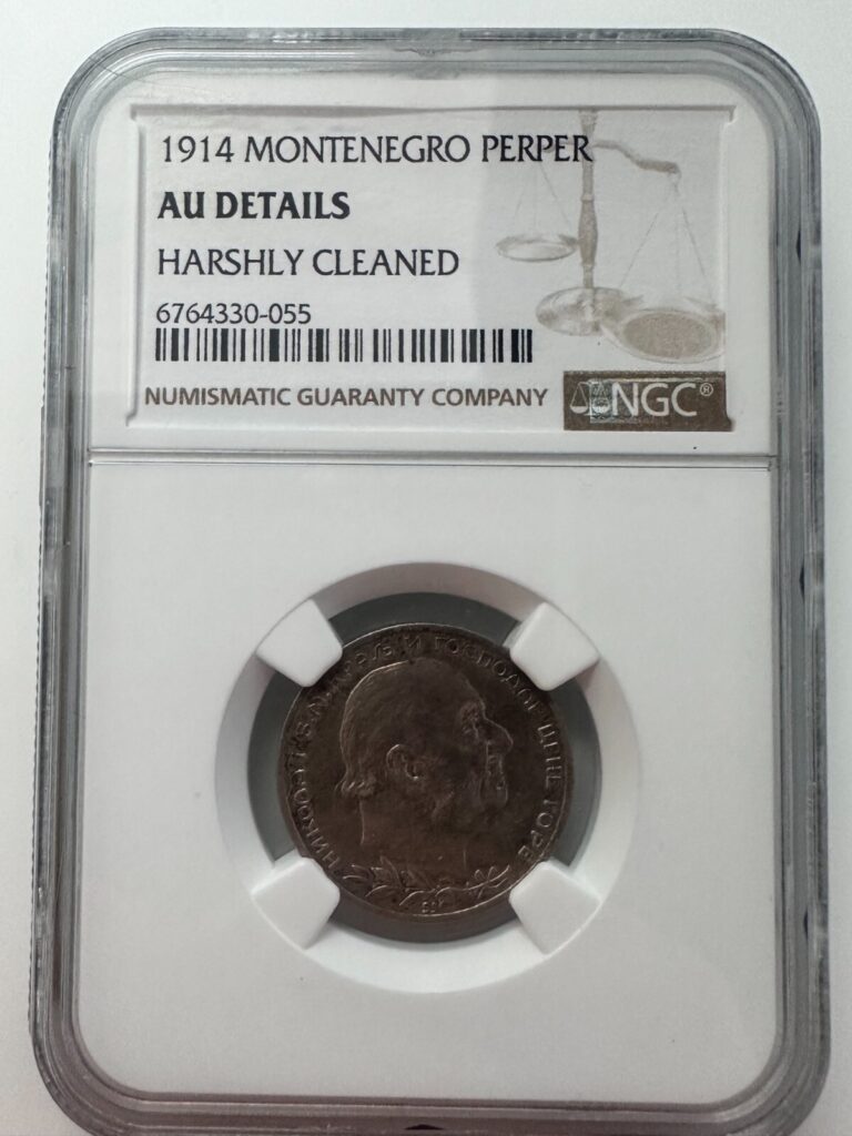 Read more about the article MONTENEGRO 1914 One 1 Perper AU Details HARSHLY CLEANED NGC Silver Coin (.835)