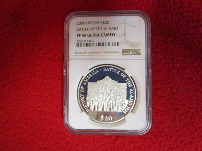 Read more about the article 2000 Liberia S$20 Battle Of The Alamo  NGC PF69UC  Blast White        War