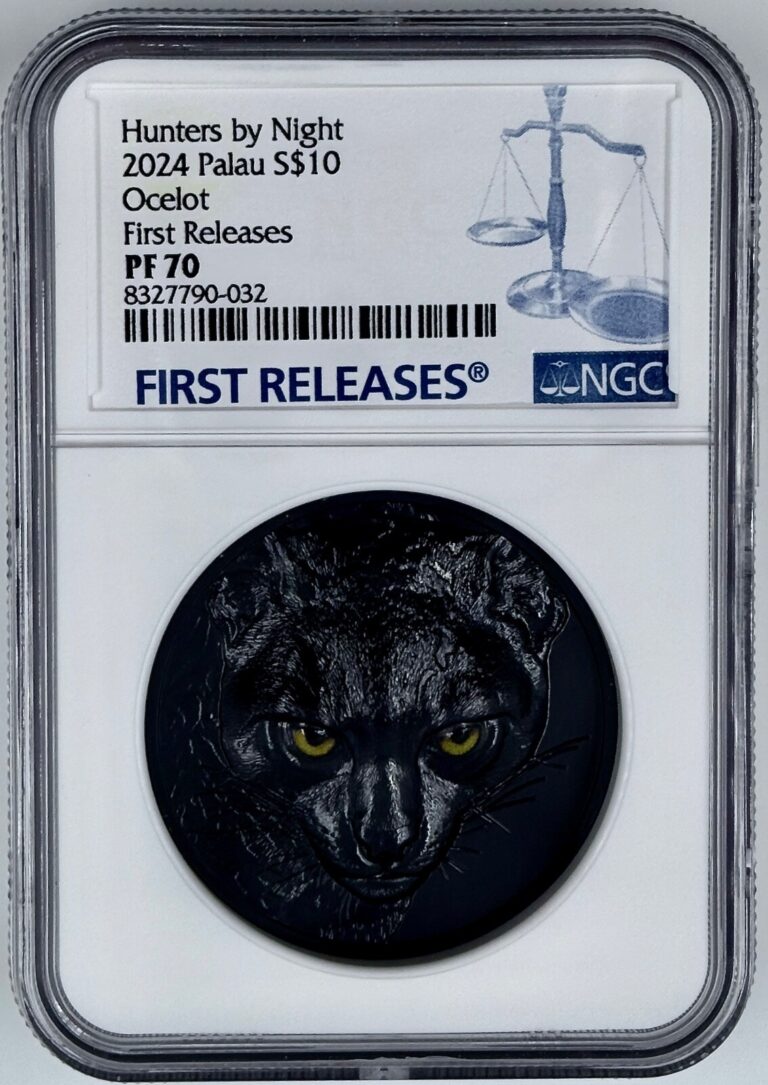 Read more about the article 2024 Palau $10 2 Oz Silver Hunters by Night Ocelot Black Proof Coin NGC PR70 FR