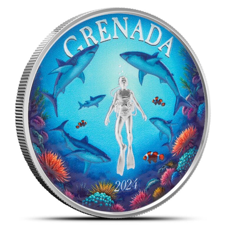 Read more about the article 2024 1 oz Colorized EC8 Silver Grenada Shark Diver Coin