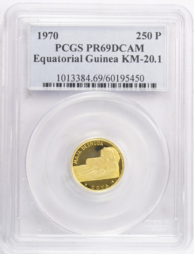 Read more about the article 1970 🌟TOP POP🌟Equatorial Guinea Gold 250 Pesetas Maja Desnuda PCGS PR69DCAM