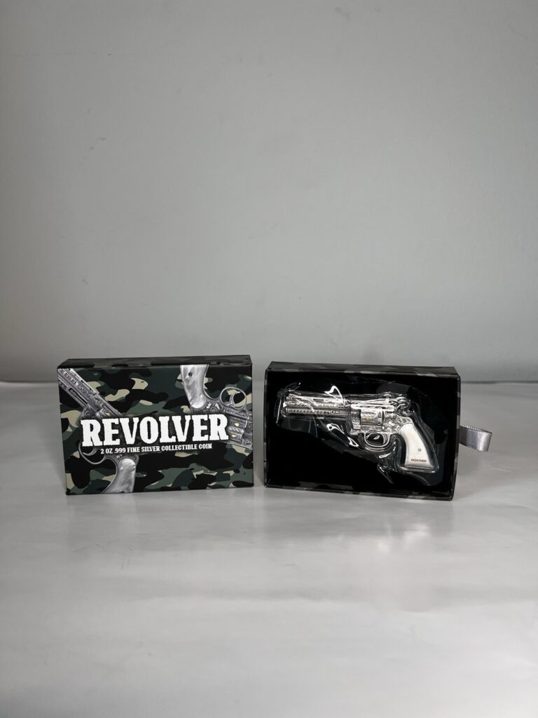 Read more about the article 2023 Chad 2 oz Silver Revolver Gun Shaped Antiqued High Relief Coin .999 (w/Box)