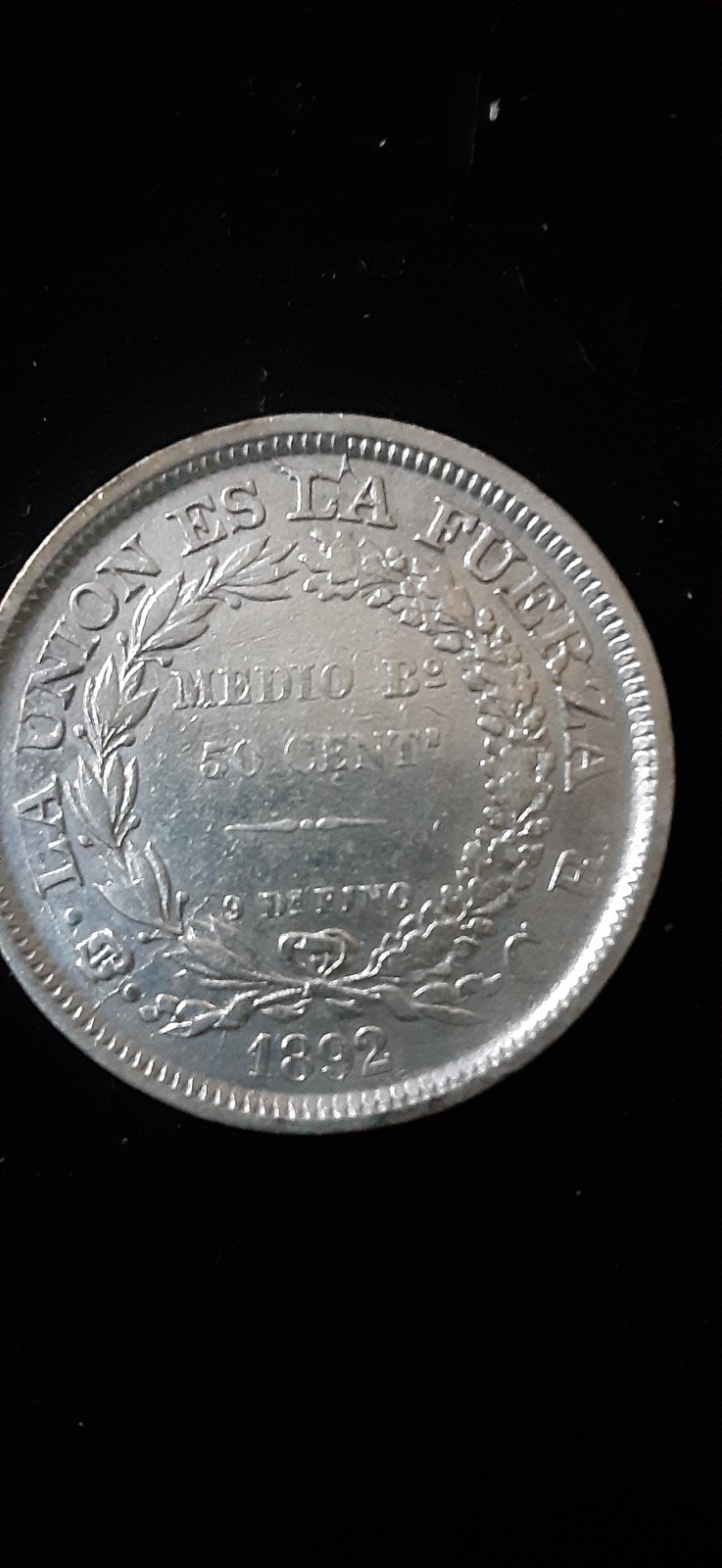 Read more about the article Bolivia 1892 PTS CB Medio Bo. 50 Centavos Silver Coin KM# 161.5   XF w/die crack