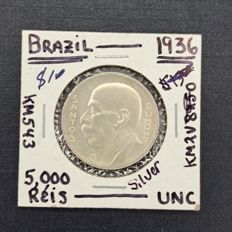 Read more about the article 1936 Brazil 5000 Reis Silver Coin UNC Nice High Grade