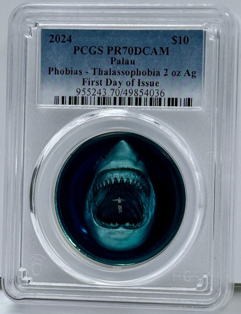 Read more about the article Thalassophobia 2024 Palau Silver Coin 2 Oz $10 PCGS PR70 First Day Issue Shark