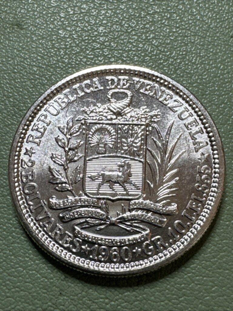 Read more about the article Venezuela UNC Coin  2 Bolivares de 1960  Silver .835  10 gr. 27mm (Low Shipping)