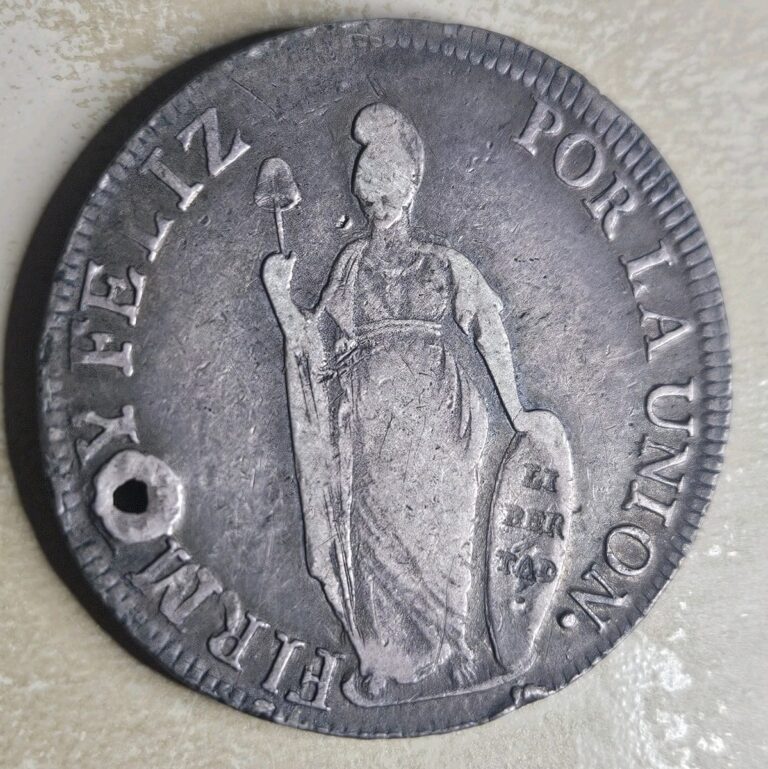 Read more about the article 1839 8 Reales Republic of NORTH PERU .903 Silver Coin Holed -KM#155