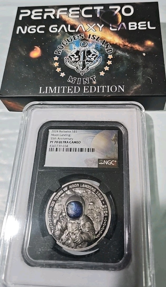 Read more about the article 2024 Barbados Moon Landing 55th Ann. Black Proof 1 oz Silver Coin NGC PF 70 UCAM