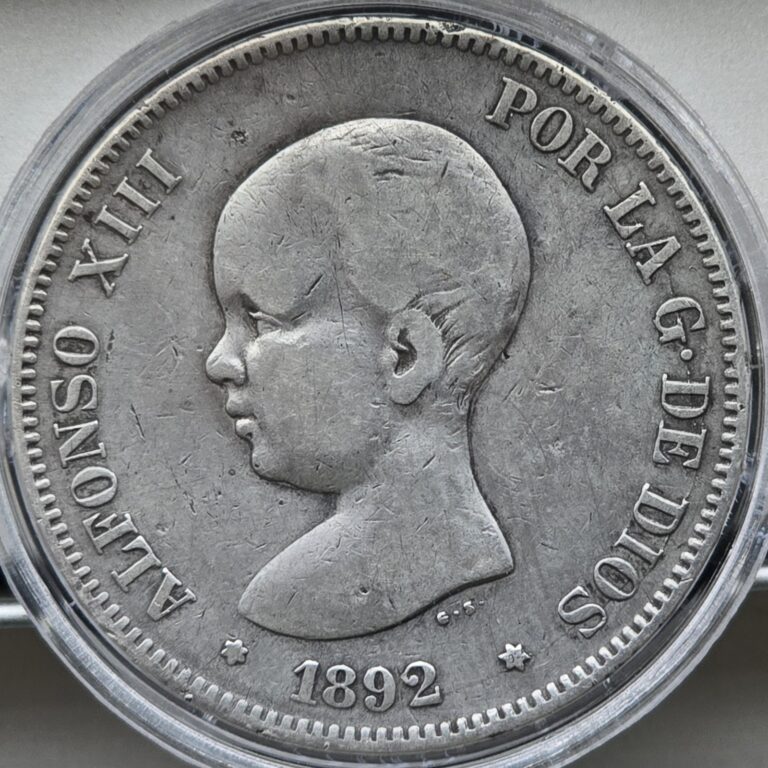 Read more about the article Spain 1892 (92) PG-M 5 Pesetas Silver Coin -Alfonso XIII Toddler Head Obverse