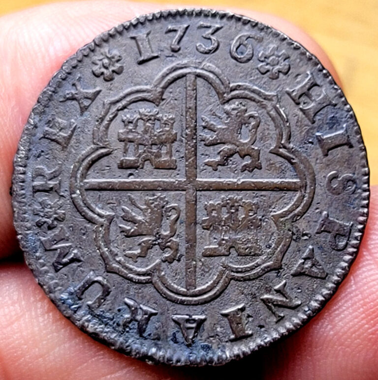 Read more about the article 1736 Spanish Seville Silver 2 Reales Early American Pocket Change PISTAREEN COIN