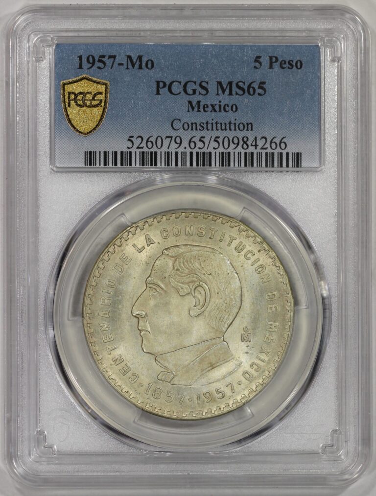 Read more about the article 1957-Mo Mexico Silver 5 Pesos Coin PCGS MS65 Constitution Centennial KM#470