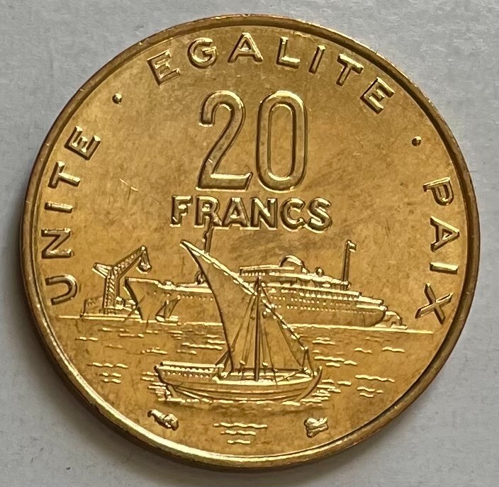 Read more about the article Djibouti 20 Francs 1996 – Traditional Dhow vessel and Cargo Ship – Uncirculated