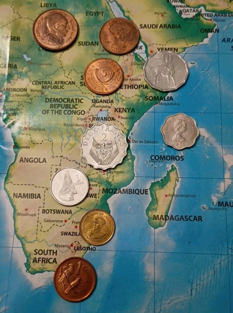 Read more about the article Lot of 9 Old East African Coins Uganda Rwanda Botswana Lesotho Somalia Sudan and