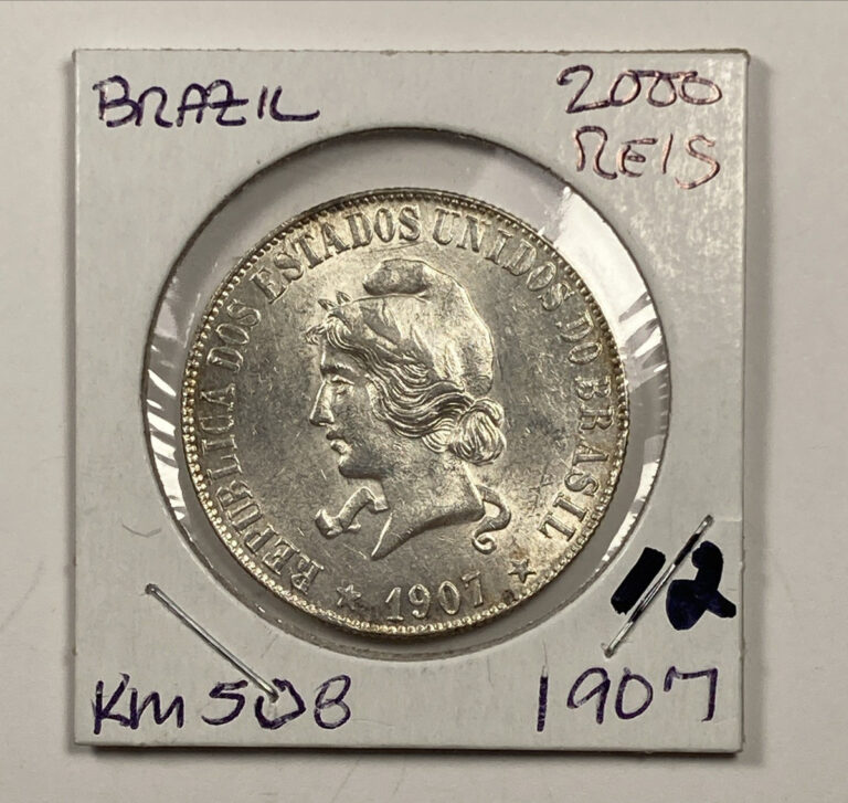 Read more about the article 1907 Brazil Silver 2000 Reis. Nearly Unc. KM 508.