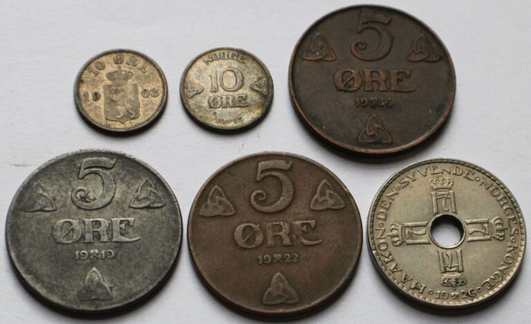 Read more about the article Lot of 6 Norway Coins  1903 1915 1913 1919 1922 1926  5/10 Ore  1 Krone