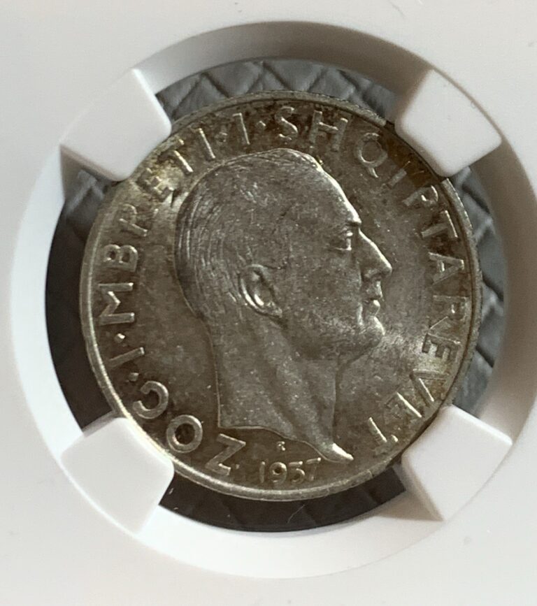 Read more about the article Albania 1937 2 Franga Ari NGC MS61  INDEPENDENCE ANNI. SILVER COIN