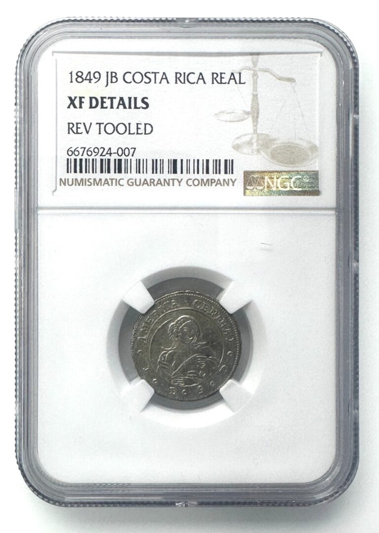 Read more about the article 1849 JB Costa Rica 1 Real REV TOOLED XF DETAILS NGC Silver (.750) COFFEE TREE