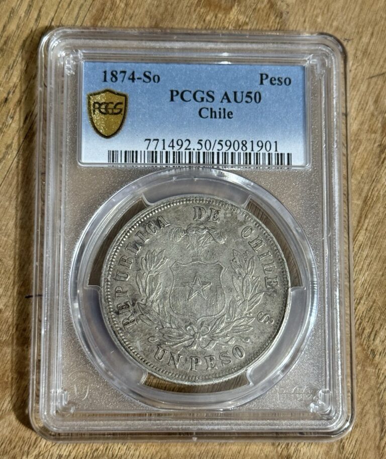 Read more about the article 1874 Chile Peso PCGS  AU50  POP:1 Only 5 Higher W/ OBV. Die Crack on “U”