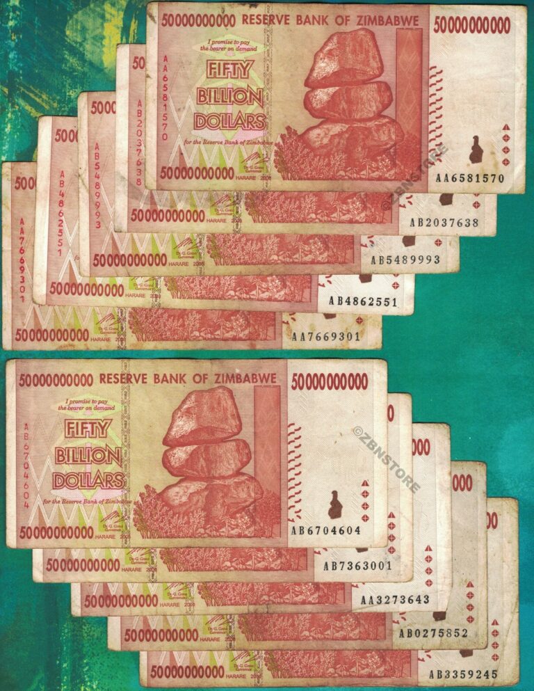 Read more about the article 10 x 50 Billion Dollars Zimbabwe Banknotes AA AB 2008 Authentic Currency w/ COA