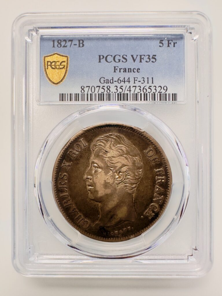 Read more about the article 1827-B FRANCE 5 Francs Charles X 2nd type Gad-644 F-311 PCGS VF35 Silver (.900)