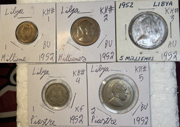 Read more about the article 1952 Libya 1  2  5 Milliemes and 1 and 2 Piastre High Grades XF – BU 5 Coin Lot